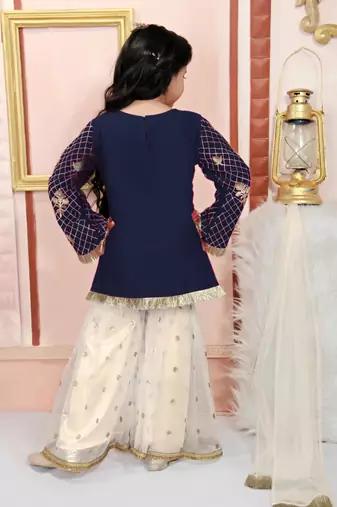 Blue embroidered cotton silk a line kids salwar suits