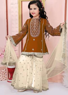 Brown embroidered cotton silk a line kids salwar suits 1