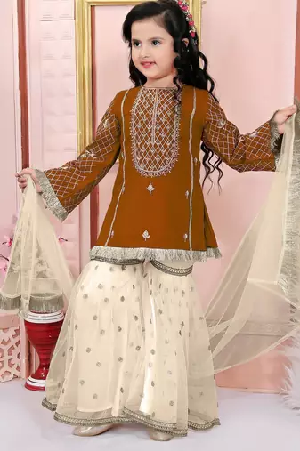 Brown embroidered cotton silk a line kids salwar suits