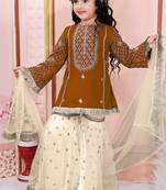 Brown embroidered cotton silk a line kids salwar suits