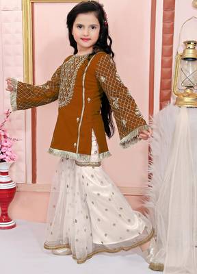 Brown embroidered cotton silk a line kids salwar suits 2
