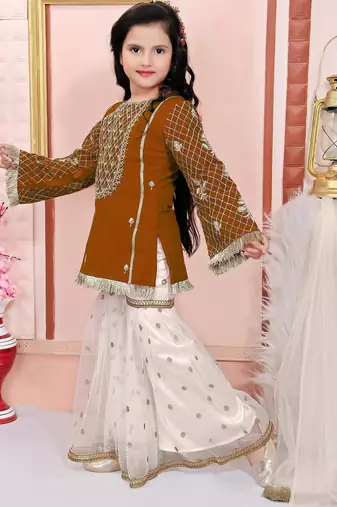 Brown embroidered cotton silk a line kids salwar suits