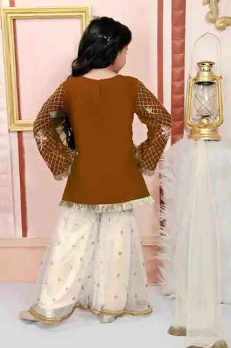 Brown embroidered cotton silk a line kids salwar suits
