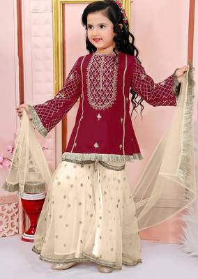 Maroon embroidered cotton silk a line kids salwar suits 1