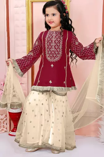 Maroon embroidered cotton silk a line kids salwar suits