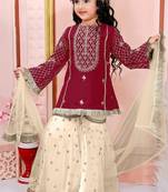 Maroon embroidered cotton silk a line kids salwar suits
