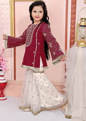 Maroon embroidered cotton silk a line kids salwar suits 2