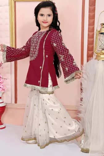 Maroon embroidered cotton silk a line kids salwar suits