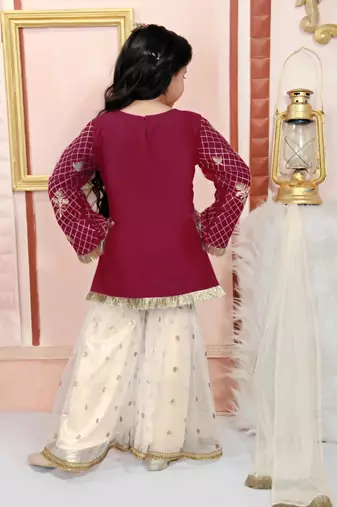 Maroon embroidered cotton silk a line kids salwar suits