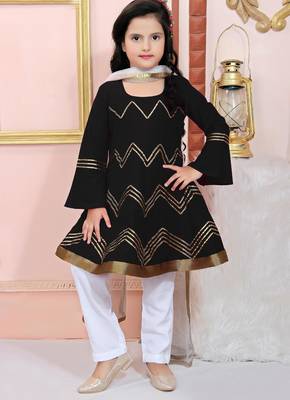 Black embroidered cotton silk a line kids salwar suits 1