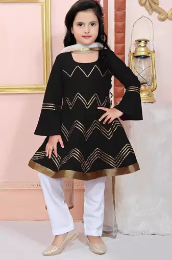 Black embroidered cotton silk a line kids salwar suits