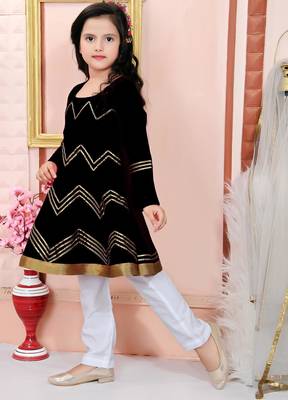 Black embroidered cotton silk a line kids salwar suits 2