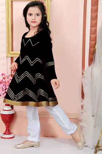 Black embroidered cotton silk a line kids salwar suits