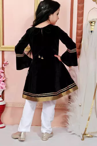 Black embroidered cotton silk a line kids salwar suits