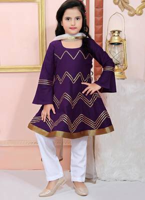 Purple embroidered cotton silk a line kids salwar suits 1