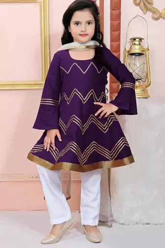 Purple embroidered cotton silk a line kids salwar suits