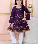 Purple embroidered cotton silk a line kids salwar suits