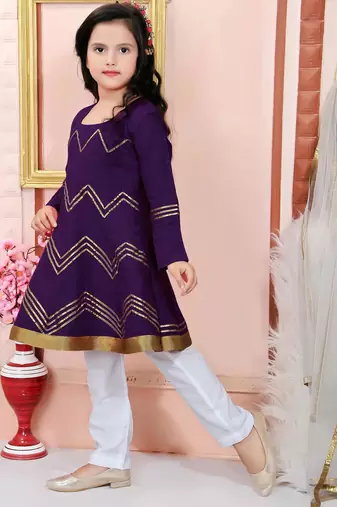 Purple embroidered cotton silk a line kids salwar suits