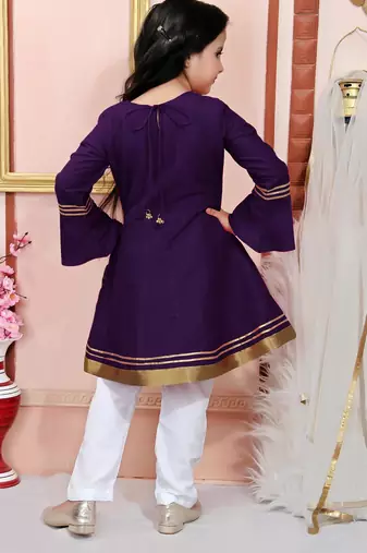 Purple embroidered cotton silk a line kids salwar suits