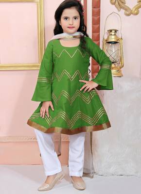 Green embroidered cotton silk a line kids salwar suits 1