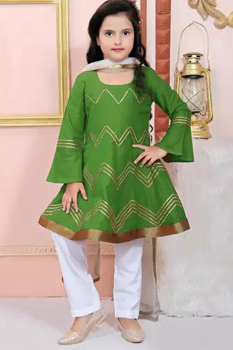 Green embroidered cotton silk a line kids salwar suits