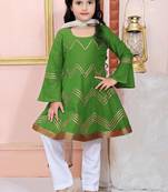 Green embroidered cotton silk a line kids salwar suits