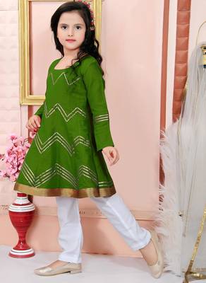 Green embroidered cotton silk a line kids salwar suits 2