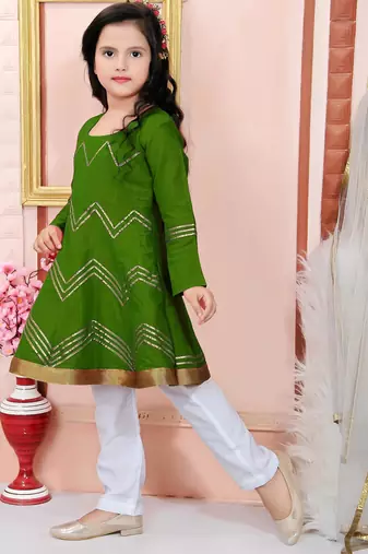 Green embroidered cotton silk a line kids salwar suits