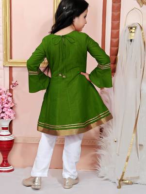 Green embroidered cotton silk a line kids salwar suits 3