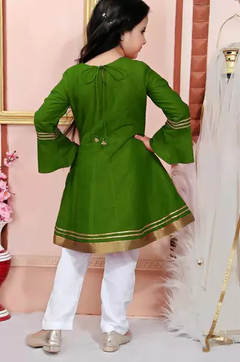 Green embroidered cotton silk a line kids salwar suits