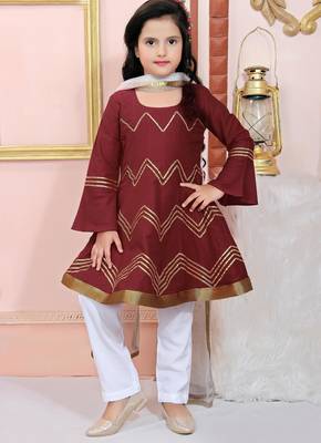 Maroon embroidered cotton silk a line kids salwar suits 1