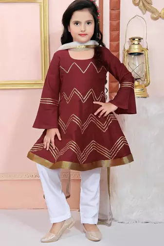 Maroon embroidered cotton silk a line kids salwar suits