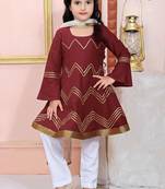 Maroon embroidered cotton silk a line kids salwar suits