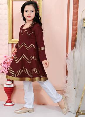 Maroon embroidered cotton silk a line kids salwar suits 2