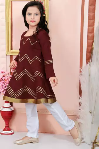 Maroon embroidered cotton silk a line kids salwar suits