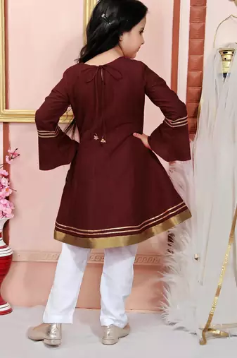 Maroon embroidered cotton silk a line kids salwar suits
