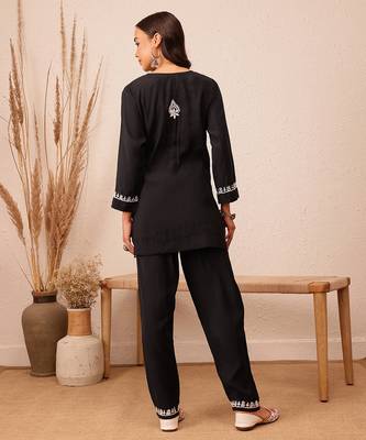 Hand embroidered black cotton lucknowi chikankari co-ord set 2