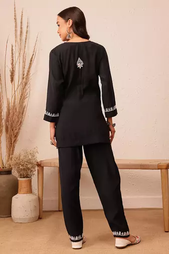 Hand embroidered black cotton lucknowi chikankari co-ord set