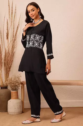 Hand embroidered black cotton lucknowi chikankari co-ord set