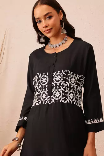 Hand embroidered black cotton lucknowi chikankari co-ord set