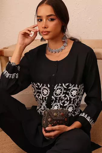 Hand embroidered black cotton lucknowi chikankari co-ord set