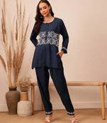 Hand embroidered navy blue cotton lucknowi chikankari co-ord set