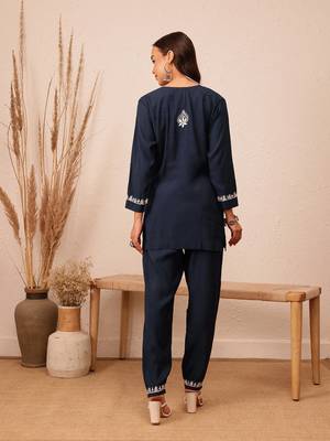 Hand embroidered navy blue cotton lucknowi chikankari co-ord set 2