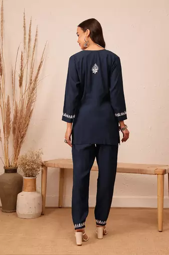 Hand embroidered navy blue cotton lucknowi chikankari co-ord set