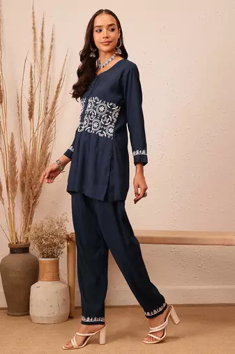 Hand embroidered navy blue cotton lucknowi chikankari co-ord set