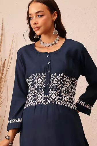 Hand embroidered navy blue cotton lucknowi chikankari co-ord set
