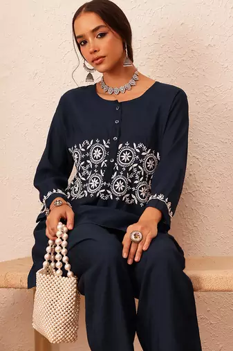 Hand embroidered navy blue cotton lucknowi chikankari co-ord set