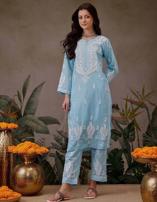 Hand embroidered blue cotton lucknowi chikankari co-ord set 1