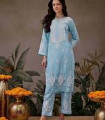 Hand embroidered blue cotton lucknowi chikankari co-ord set