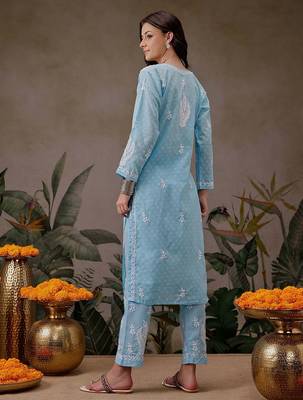 Hand embroidered blue cotton lucknowi chikankari co-ord set 2